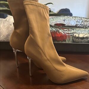 Liliana Tan Heeled Boots with Clear Stiletto